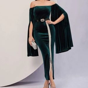 GREEN VELVET RHINESTONE DRESS